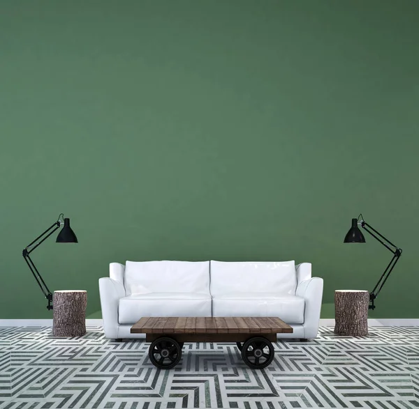 El diseño interior de salón y sala de estar y sofá y textura de pared verde — Foto de Stock