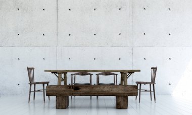 Beton duvar doku ve çatı katı yemek odası iç tasarım