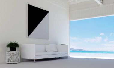 Modern kanepe oturma odası ve resim çerçevesi ve Deniz Manzaralı interioir tasarımı