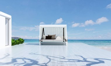 Salıncak sandalye ve açık oturma alanı ve deniz interioir tasarımını görüntülemek