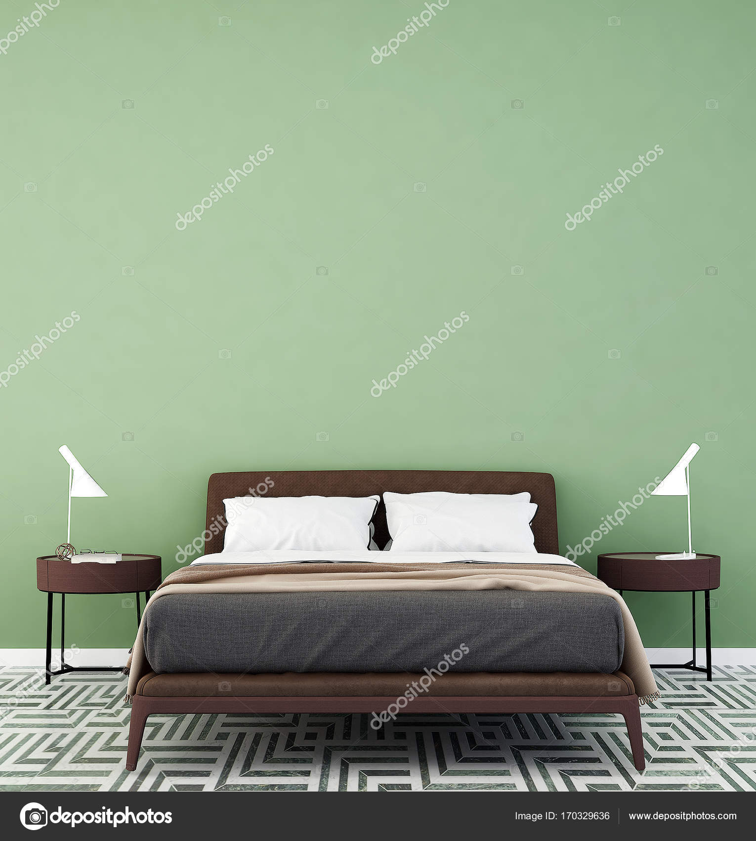 Het interieur van het moderne slaapkamer en groene patroon muur ... Het interieur van het moderne slaapkamer en groene patroon muur ...