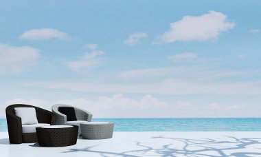 İç tasarım, modern beach lounge ve açık gün yatak oturma odası ve Deniz Manzaralı