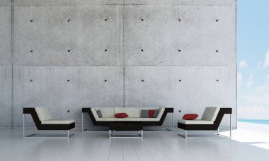 İç tasarım, modern oturma odası ve beton duvar doku arka plan