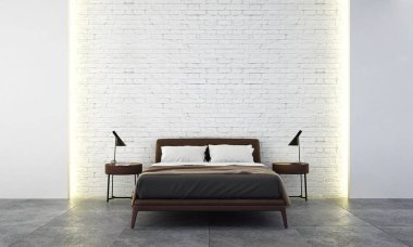 Beyaz tuğla desen duvar arka plan ve modern yatak odası iç tasarım konsepti