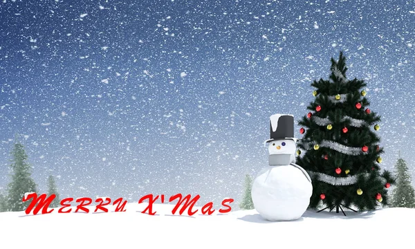 Merry christmas graphic and snow fall and snowman and tree — Stock Photo, Image