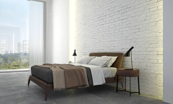 El concepto de diseño interior de dormitorio moderno y fondo de pared patrón de ladrillo — Foto de Stock