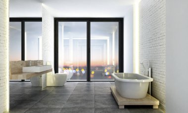 Görüş belgili tanımlık banyo ve beyaz Jakuzi banyo iç tasarım ve şehir