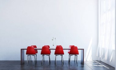 Çok az yemek odası ve beyaz doku duvar arka plan dekorasyon fikri