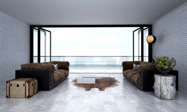 Modern salon ve oturma odası ve duvar desen tasarım iç ve deniz görüntülemek