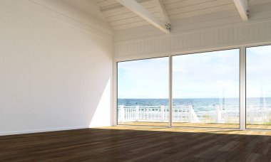 Modern boş oturma odası ve duvar desen tasarım iç ve Deniz Manzaralı