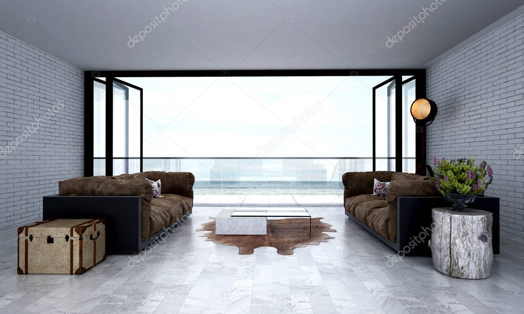 The modern lounge and living room and wall pattern design interior and sea view