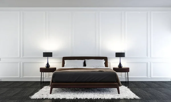 El diseño interior del dormitorio minimalista y fondo de patrón de pared blanco — Foto de Stock