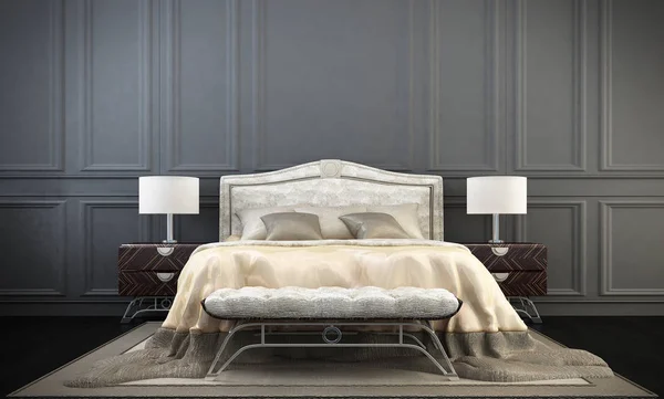 De moderne luxe slaapkamer interieurontwerp en grijs muur patroon achtergrond — Stockfoto