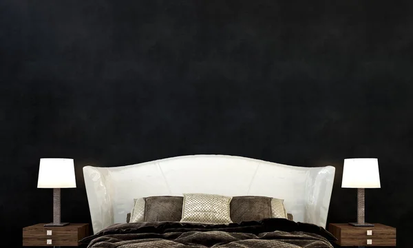 豪華なベッドルームのインテリア デザインと黒壁パターン背景 — ストック写真
