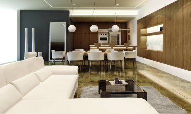 o iç tasarım modern salon ve oturma odası ve yemek odası alanı