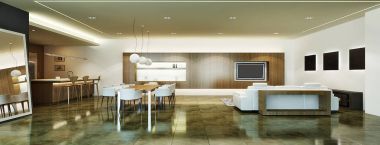 o iç tasarımını modern salon ve oturma odası ve yemek odası alanı ile Lcd tv