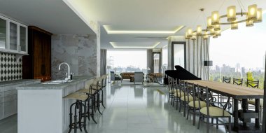 o iç tasarım, modern ellidokuzuncu yemek odası ve oturma odası 