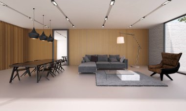 İç tasarım, modern oturma odası ve yemek alanı ve ahşap duvar uygunluğunu
