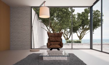 İç tasarım, modern oturma odası ve Deniz Manzaralı