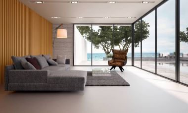 İç tasarım konsepti fikri modern oturma odası ve Deniz Manzaralı