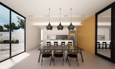 Modern yemek odası ve panrty areaand ahşap duvar doku iç tasarım