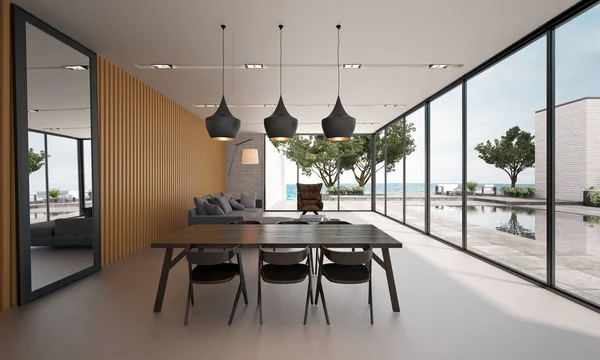 El diseño interior de comedor moderno y sala de estar y vistas al mar — Foto de Stock