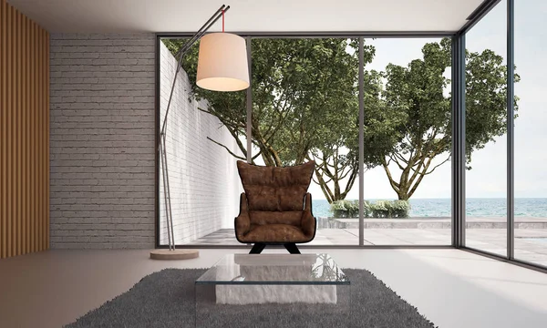 El diseño interior de la moderna sala de estar y vistas al mar —  Fotos de Stock