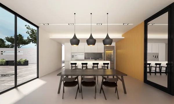 O design de interiores da sala de jantar moderna e área de panrty e textura de parede de madeira — Fotografia de Stock
