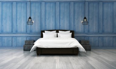 Mavi ahşap duvar desen arka plan ve modern yatak odası iç tasarım
