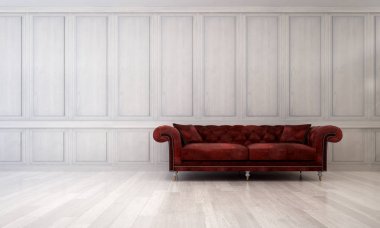 Lüks kırmızı koltuk oturma odası ve ahşap duvar desen arka iç tasarım