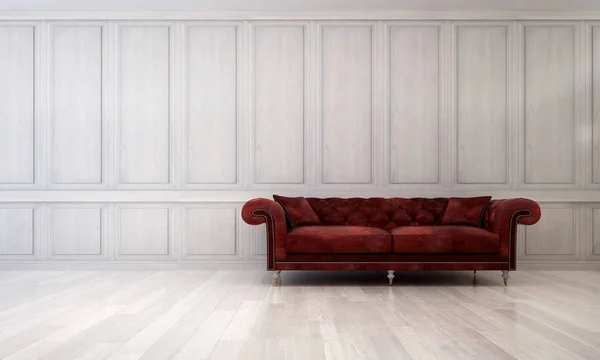 El diseño interior de la sala de estar sofá rojo de lujo y fondo patrón de pared de madera — Foto de Stock