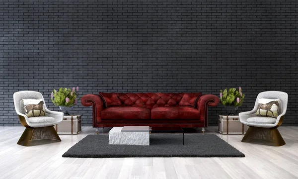 O design interior da sala de estar de luxo e fundo padrão de parede de tijolo preto — Fotografia de Stock
