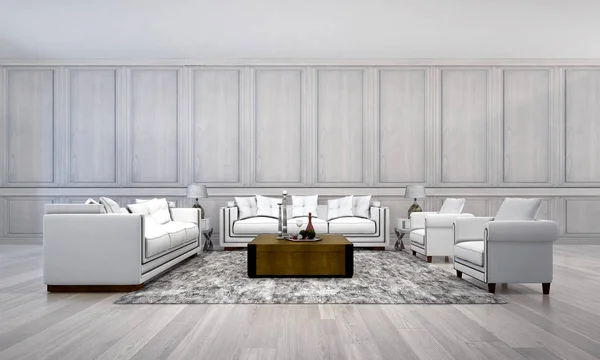 El diseño interior de la sala de estar de lujo y fondo de pared de madera blanca —  Fotos de Stock