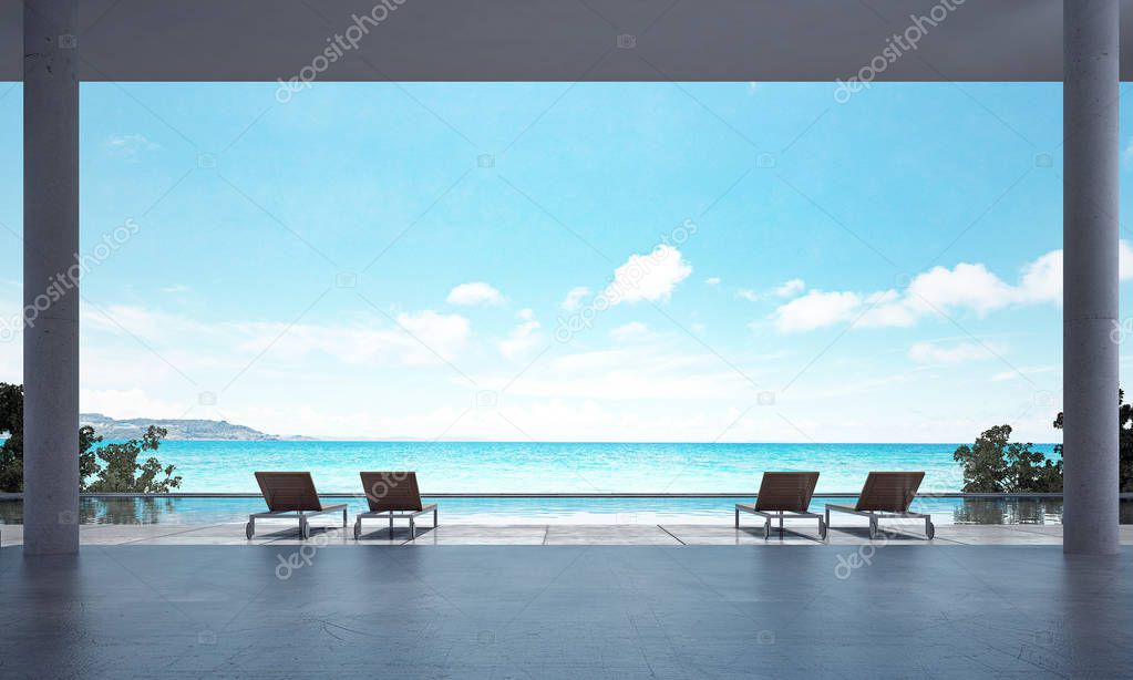 The interior design concept idea of beach lounge living area and sea view