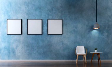 şezlong ve oturma odası ve mavi doku duvar arka plan ve resim çerçevesi iç tasarım