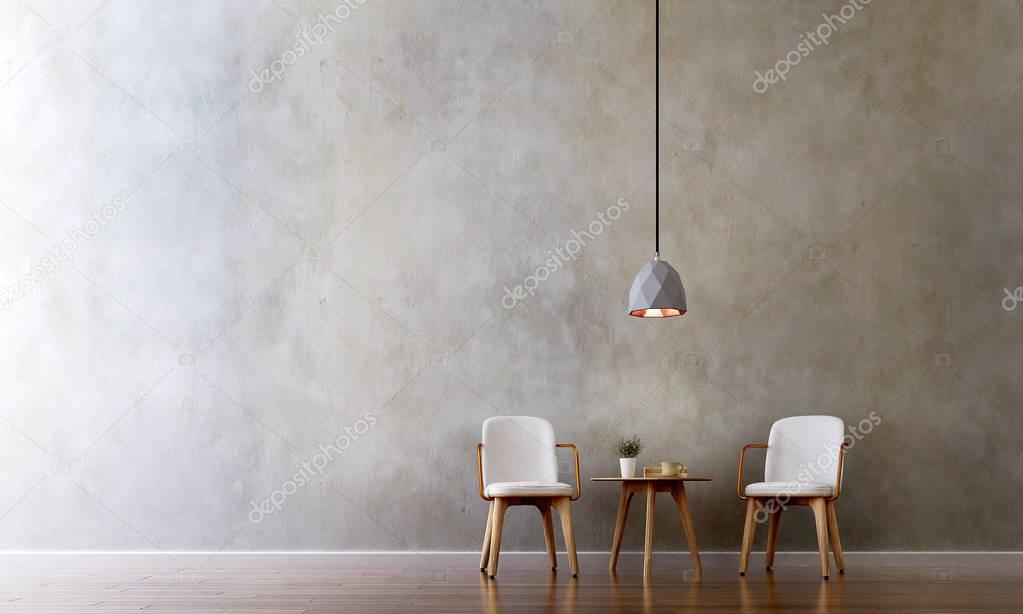 the interior design of lounge chairs and living room and concrete texture wall background