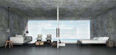 Çatı katında salon ve beton duvar arka plan iç tasarım
