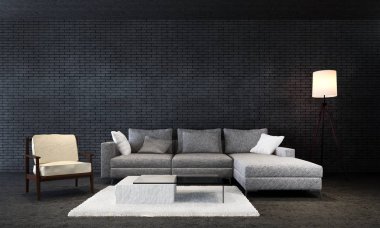 Lüks salon ve siyah tuğla duvar arka plan iç tasarım