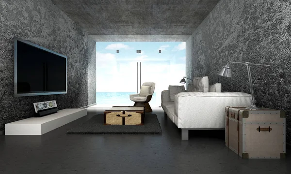 La conception intérieure du salon loft et Lcd tv et mur en béton et vue sur la mer — Photo