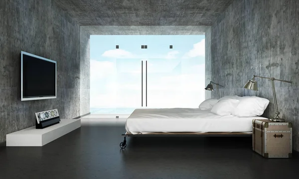 The interiors design of loft bedroom and concrete wall background and sea view — Stock Photo, Image