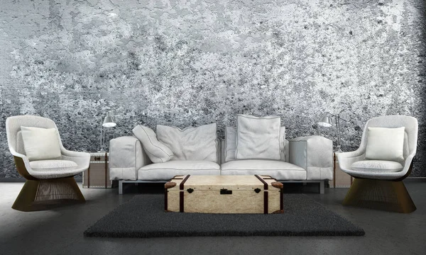 O design de interiores de luxo loft sala de estar e fundo de parede de concreto — Fotografia de Stock