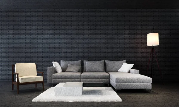 豪华客厅与黑砖墙背景的室内设计 — 图库照片