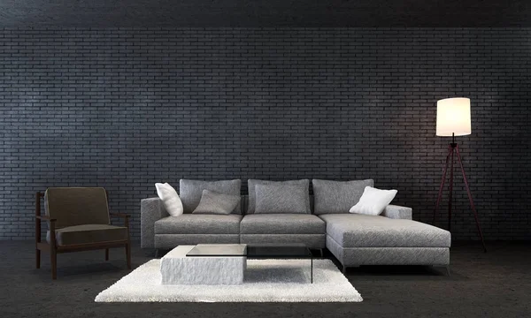 Дизайн интерьеров современной гостиной и черного кирпичного фона — стоковое фото