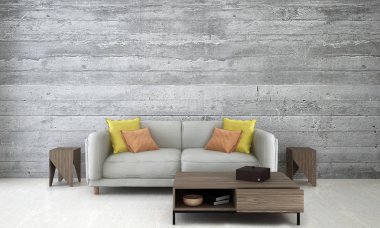 Salon ve çatı oturma odası iç tasarım ve beton duvar arka plan