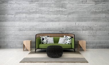 Çatı katında salon ve oturma odası iç tasarım ve beton duvar arka plan