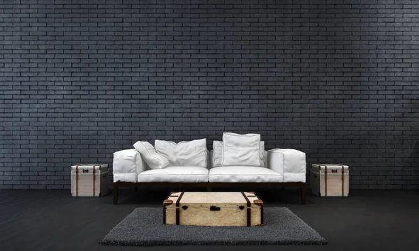 O salão e sala de estar interiores design e parede de tijolo preto fundo — Fotografia de Stock