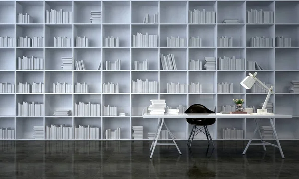 De werktafel en het witte boek plank ontwerp in het Bureau en de bibliotheek — Stockfoto