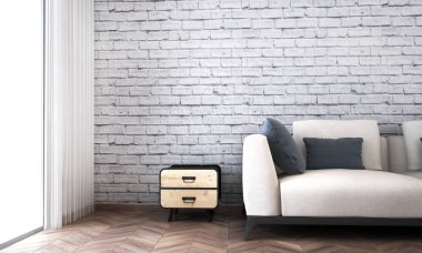 Modern oturma odası ve beyaz tuğla duvar arka plan doku