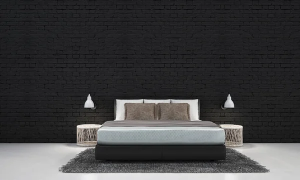 현대 침실 인테리어 디자인과 검은 벽돌 벽 배경 — 스톡 사진