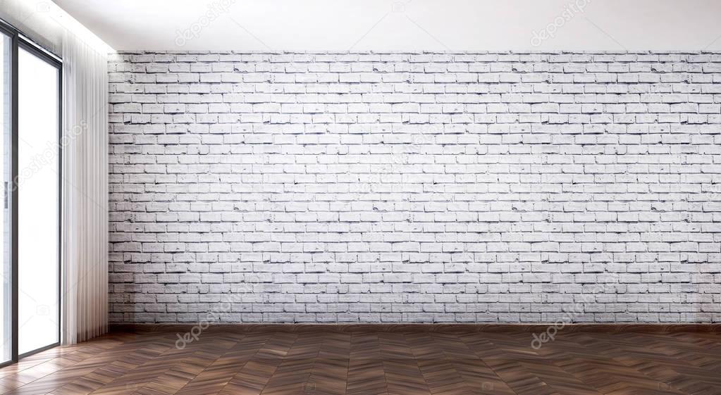 Empty living room and white brick texture wall background